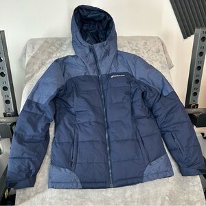 Columbia Omni Heat Infinity Puffer Jacket Mens Medium Blue Hooded Gray Lined